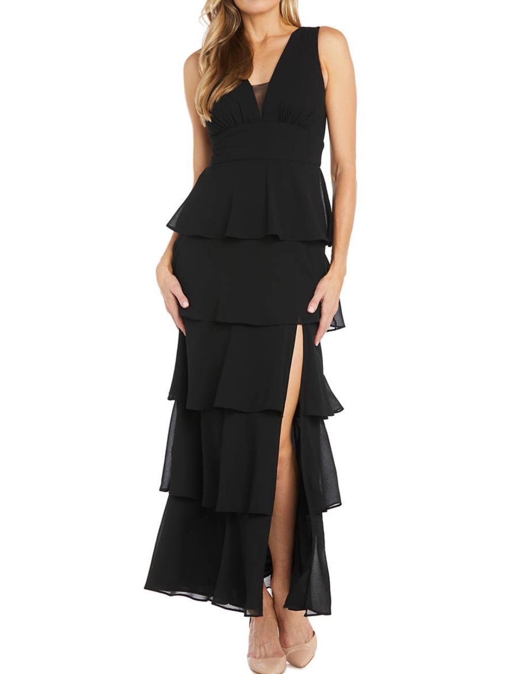 R & M Richards Black Tiered V-Neck Maxi Dress with Side Slit